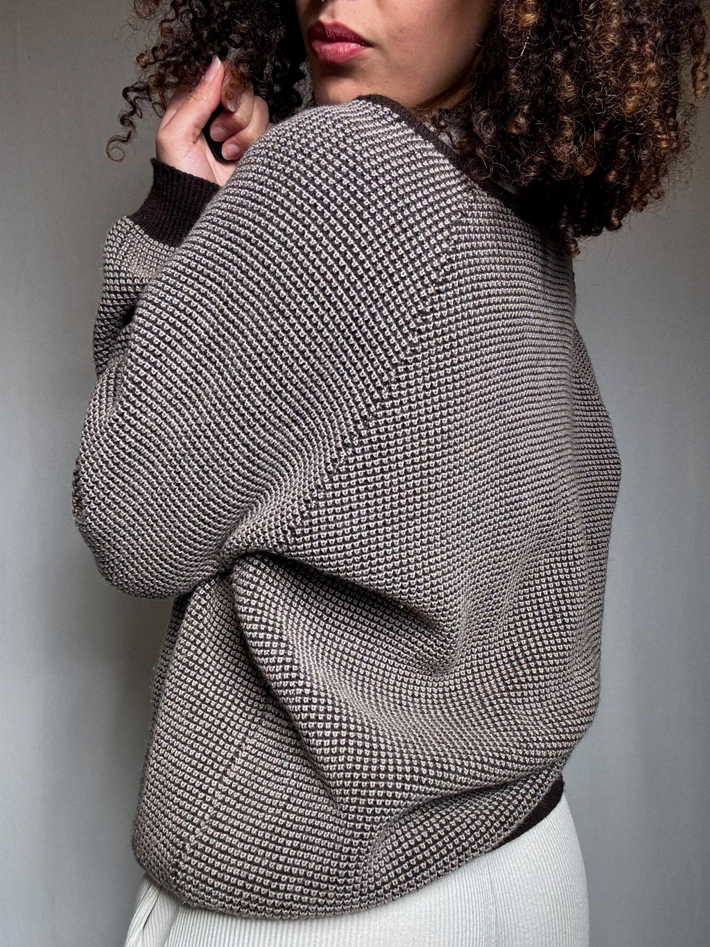 Pull en maille beige et brun XL vintage