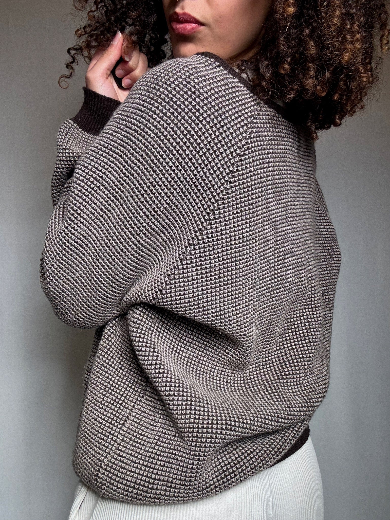 Pull en maille beige et brun XL vintage