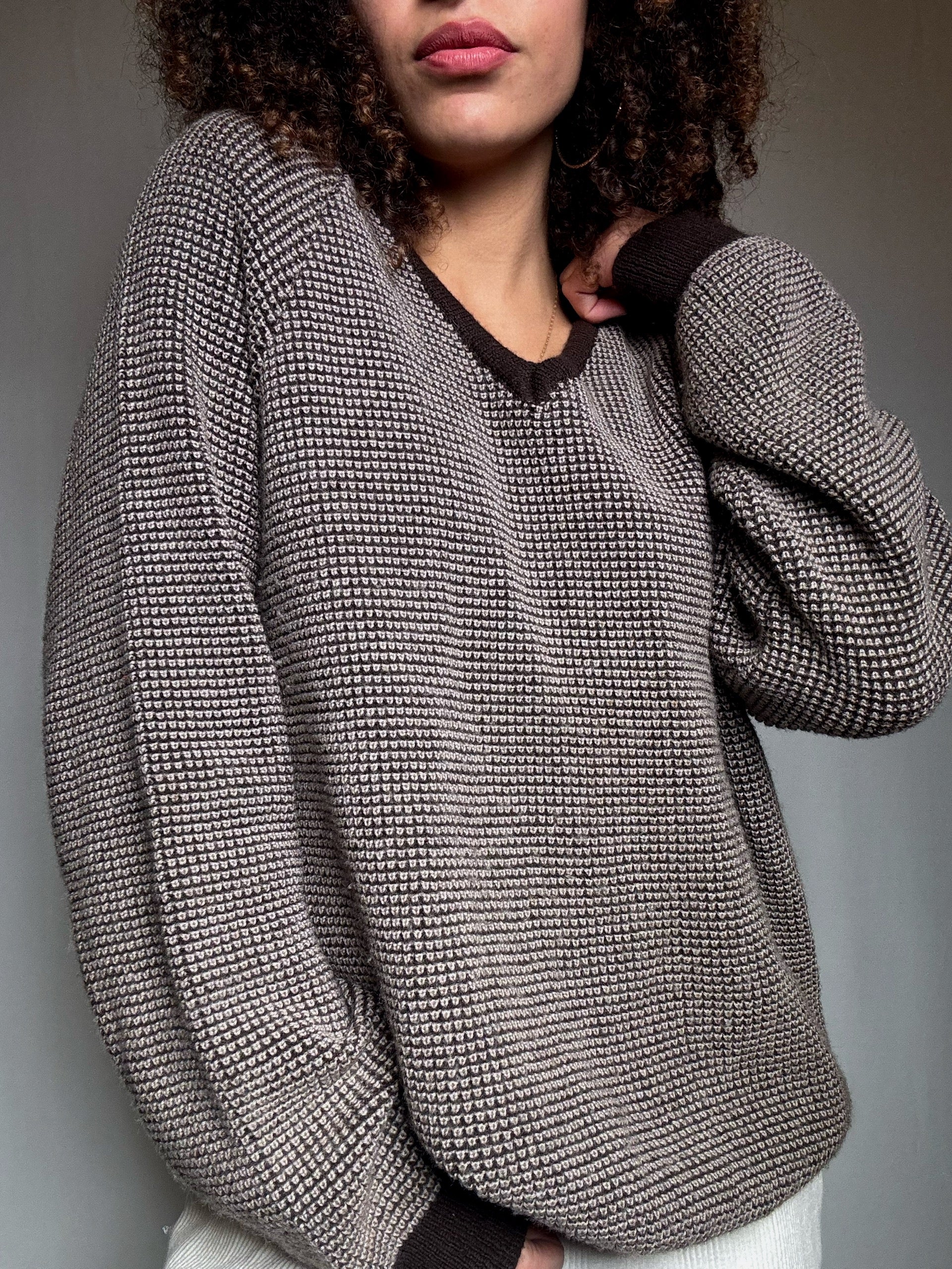 Pull en maille beige et brun XL vintage