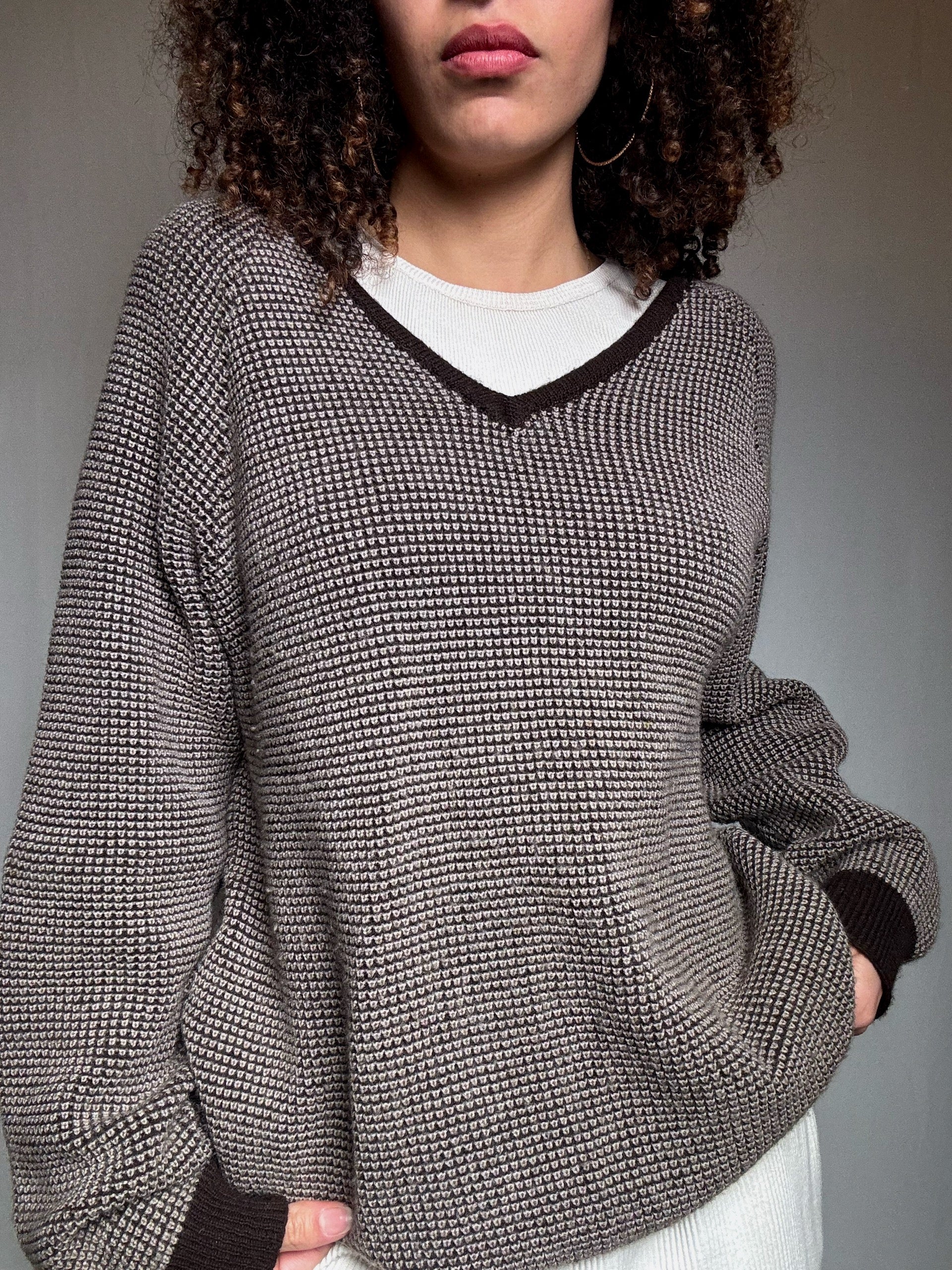 Pull en maille beige et brun XL vintage