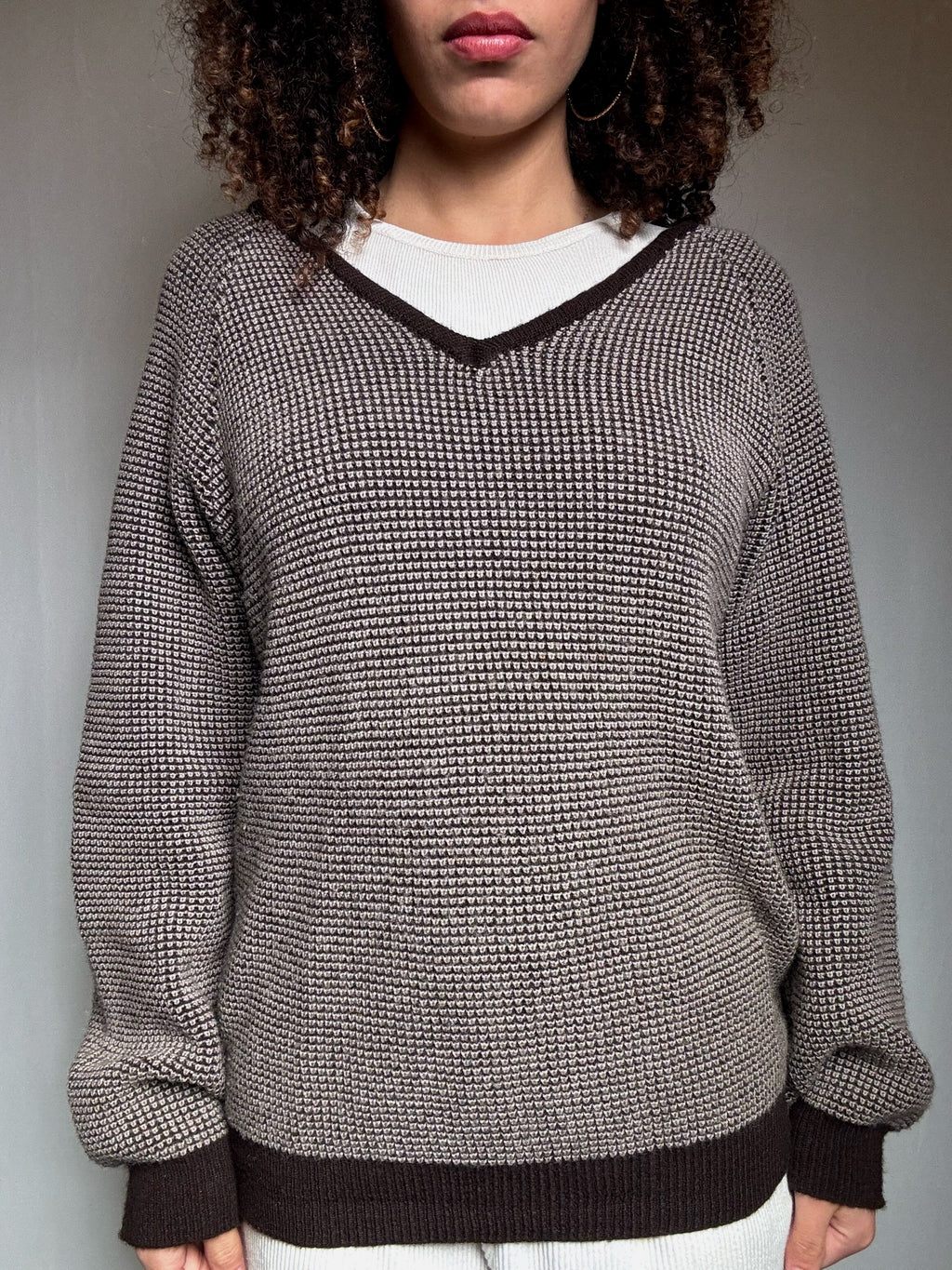 Pull en maille beige et brun XL vintage
