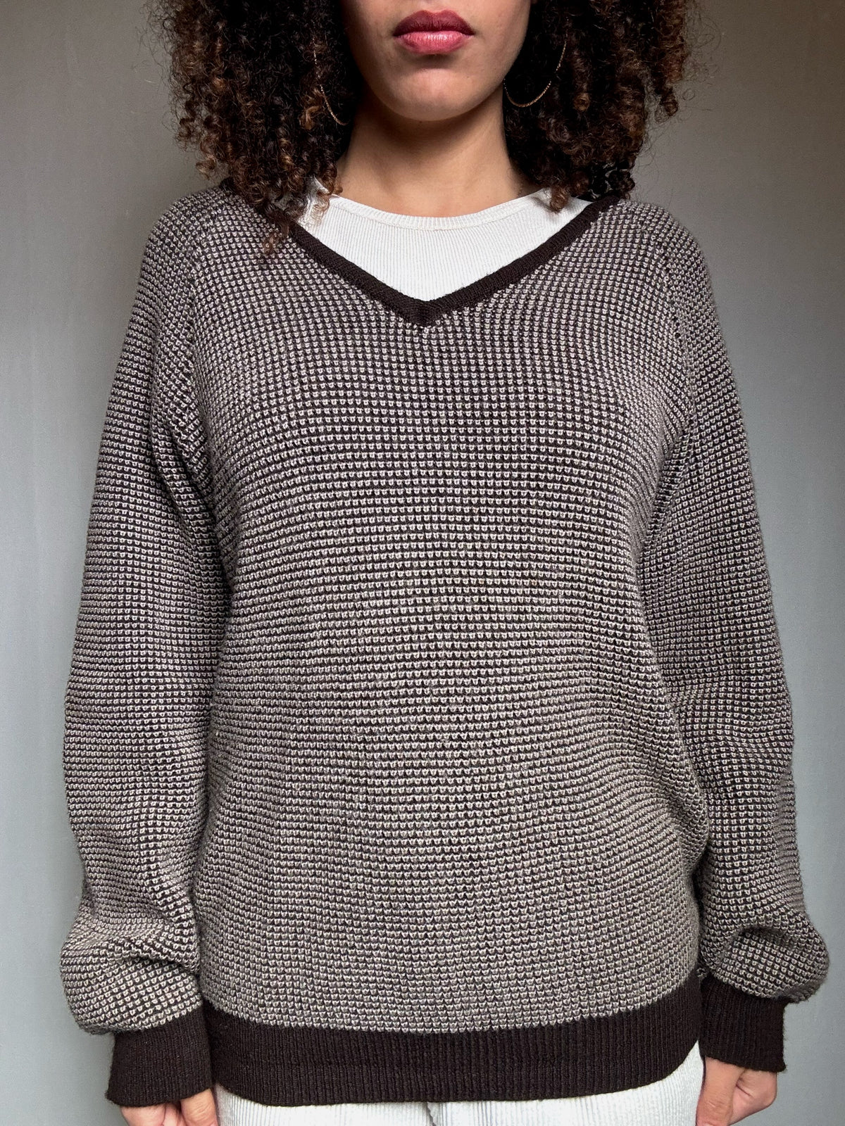 Pull en maille beige et brun XL vintage
