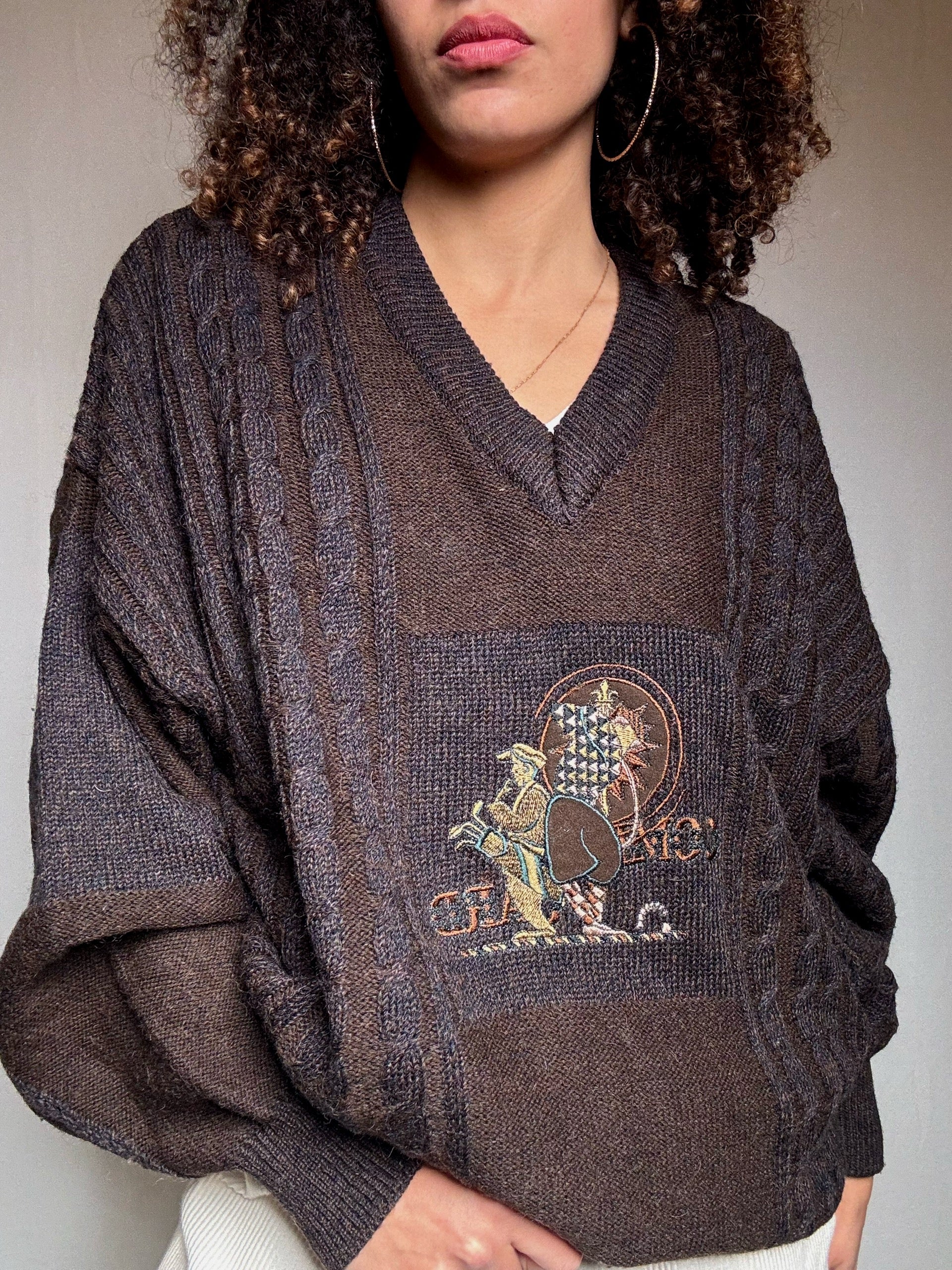 Pull en maille brun brodé XL vintage