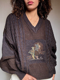 Pull en maille brun brodé XL vintage