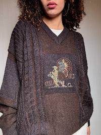 Pull en maille brun brodé XL vintage