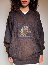 Pull en maille brun brodé XL vintage