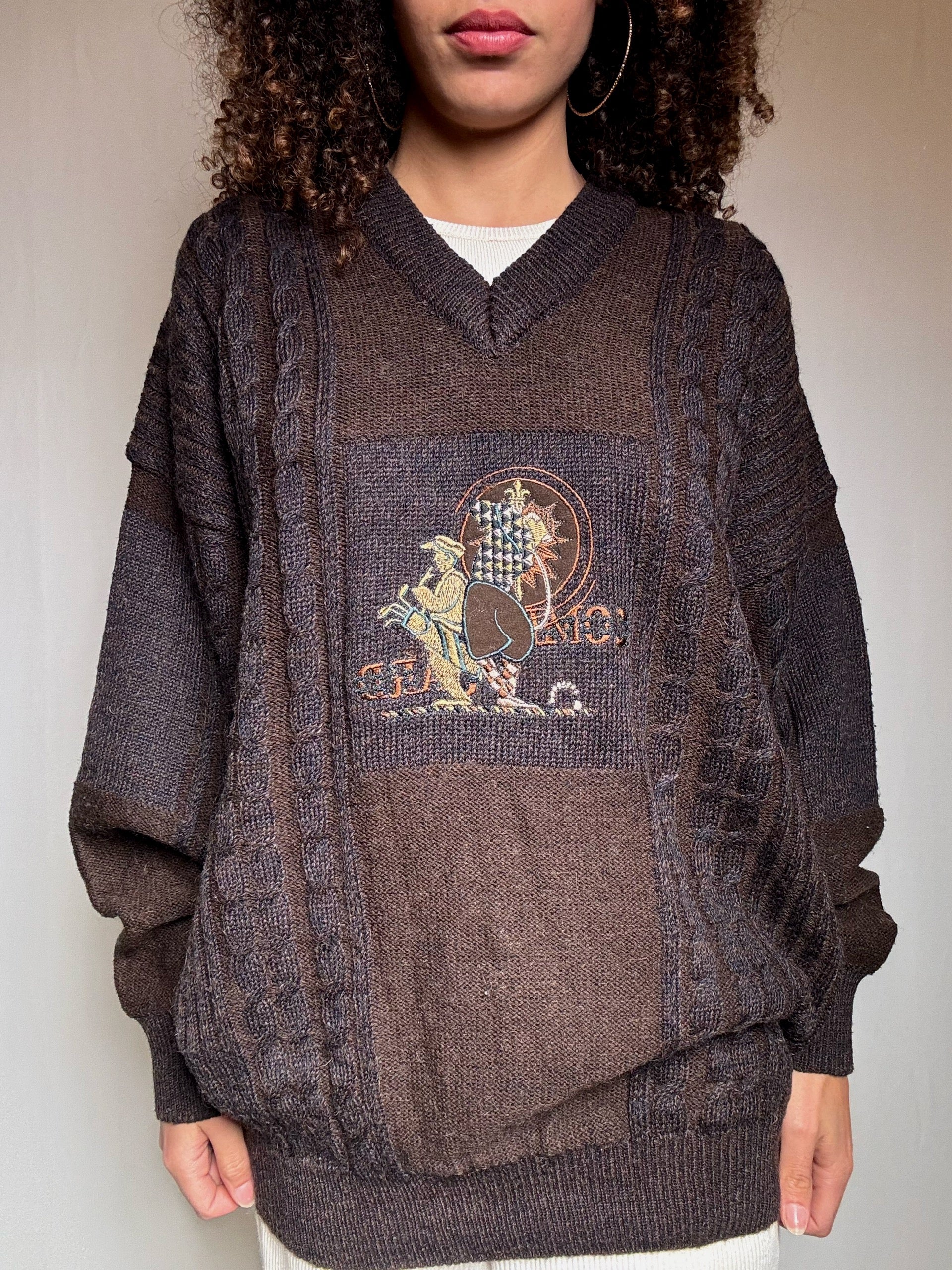 Pull en maille brun brodé XL vintage