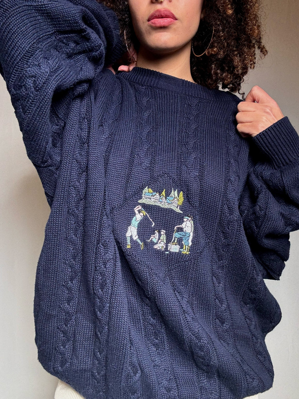 Pull en maille marine brodé XXL vintage