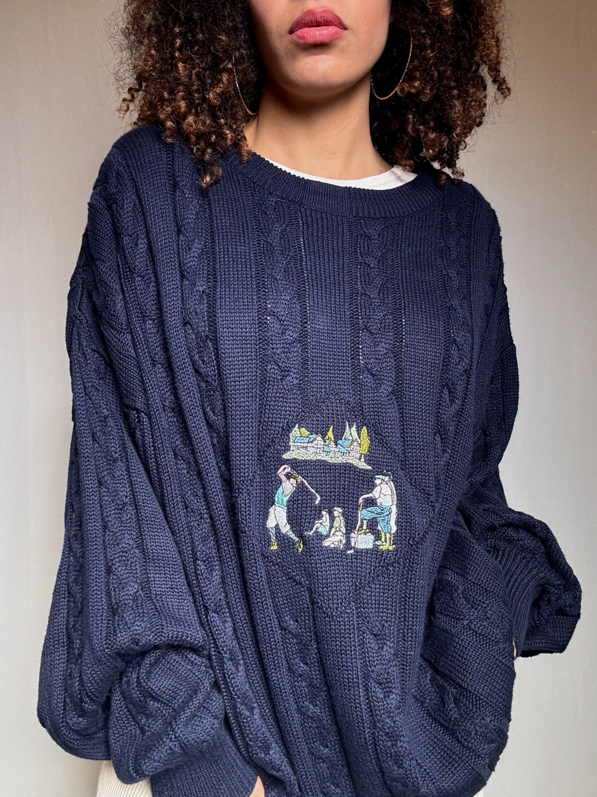 Pull en maille marine brodé XXL vintage