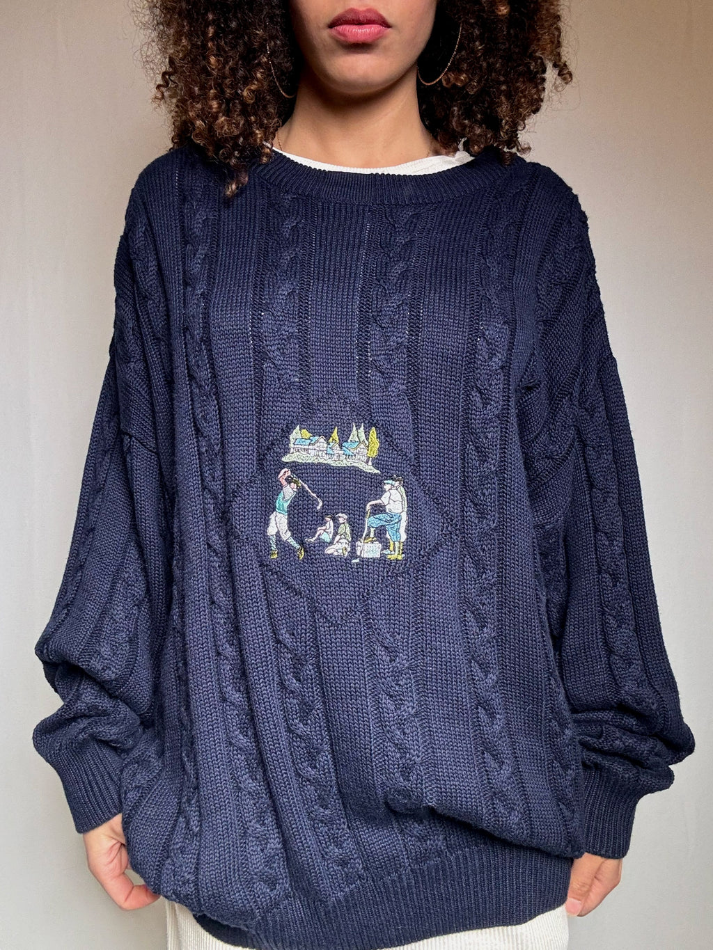 Pull en maille marine brodé XXL vintage