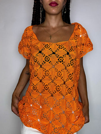 Top en crochet orange L vintage