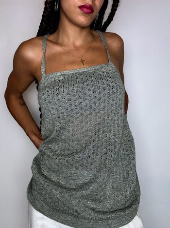 Top à bretelles en crochet gris S/M vintage