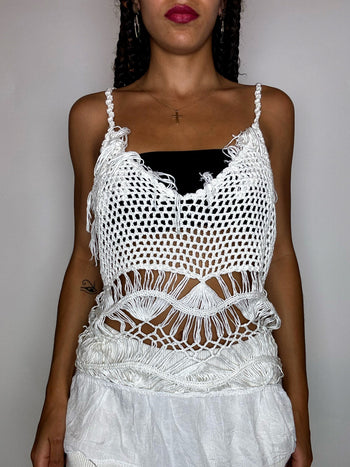 Top à bretelles en crochet blanc S/M vintage