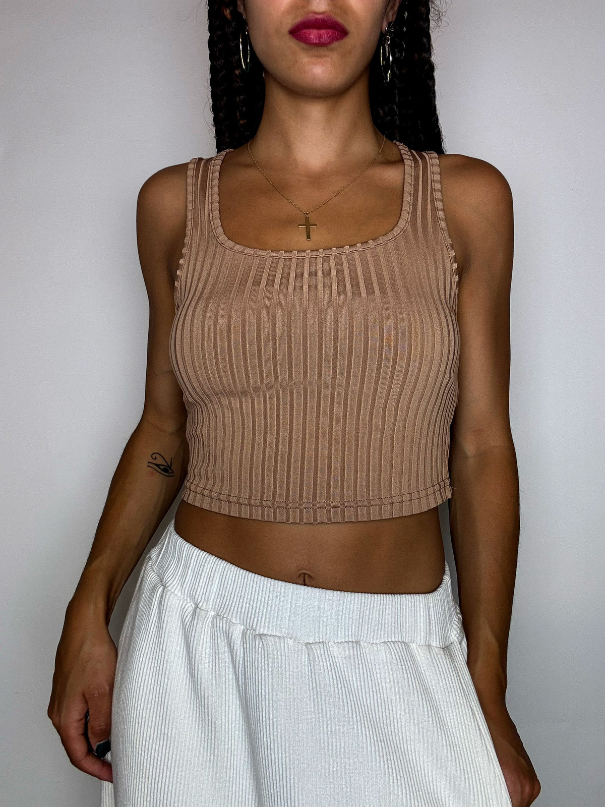 Crop top effet cotelé taupe S vintage