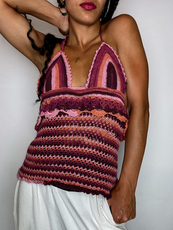 Top en crochet rose et bordeaux M vintage
