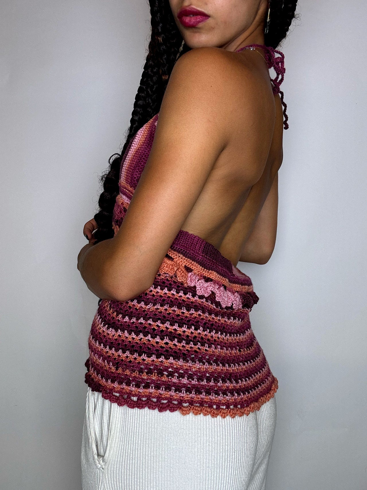Top en crochet rose et bordeaux M vintage