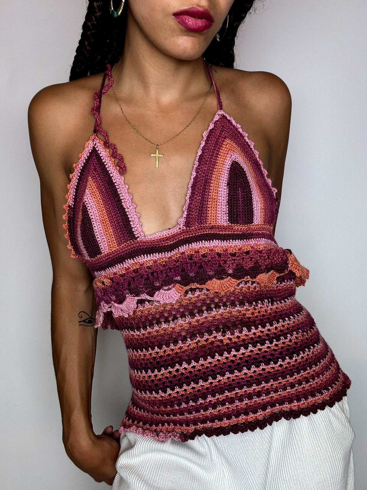 Top en crochet rose et bordeaux M vintage