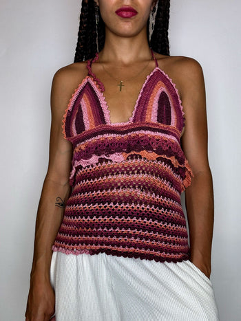 Top en crochet rose et bordeaux M vintage