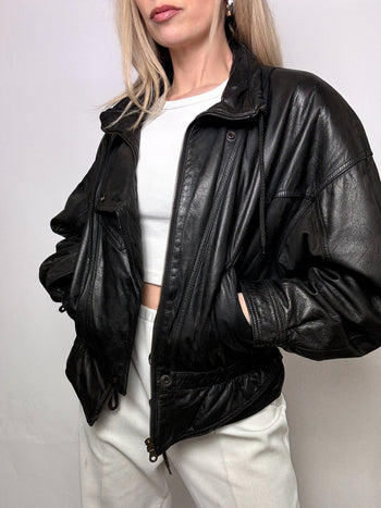 Blouson en cuir cintré noir M vintage