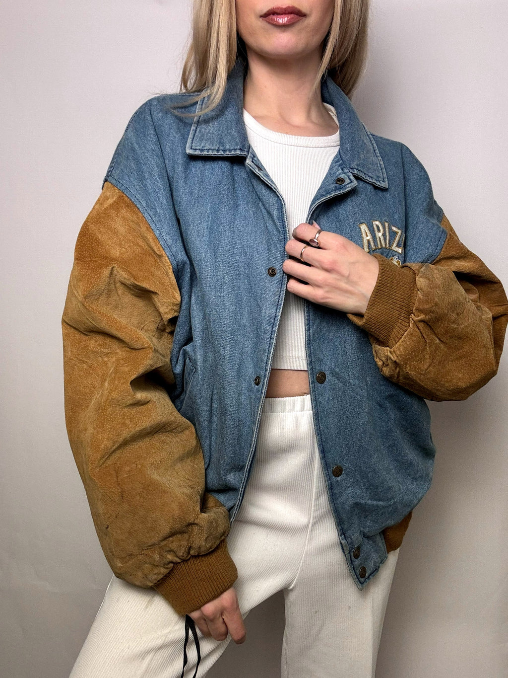 Vintage Arizona blau und beige Zwei-Material-Bomberjacke L