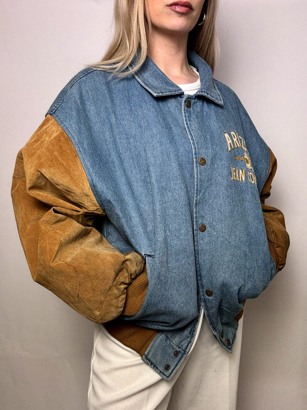 Vintage Arizona blau und beige Zwei-Material-Bomberjacke L