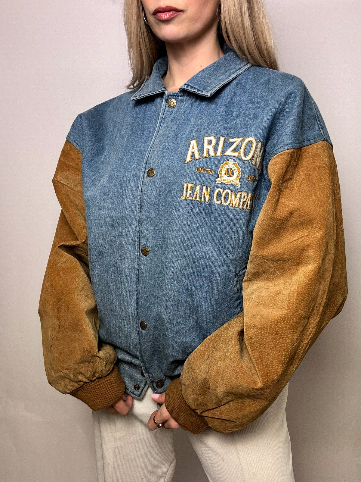 Vintage Arizona blau und beige Zwei-Material-Bomberjacke L