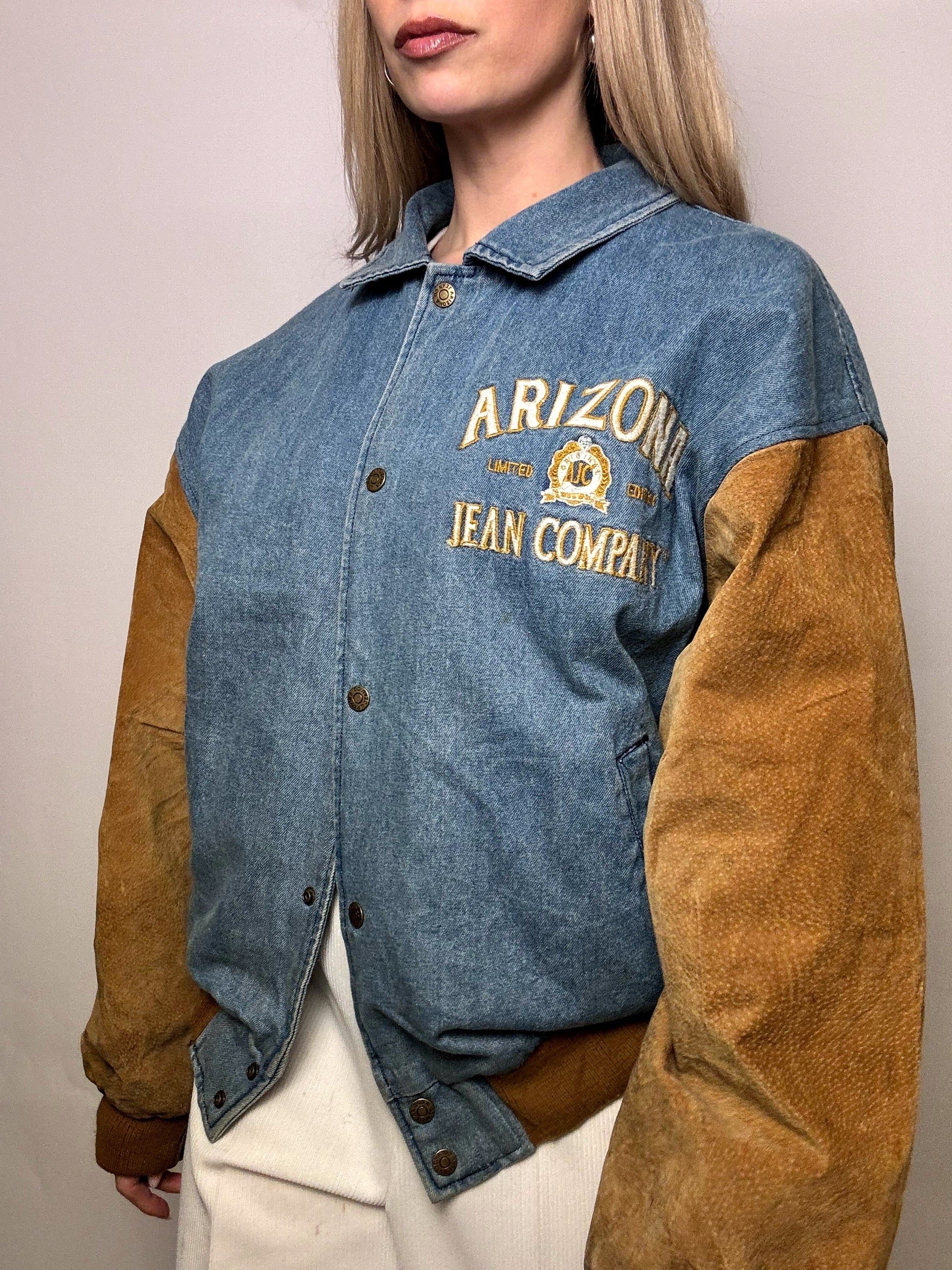 Vintage Arizona blau und beige Zwei-Material-Bomberjacke L