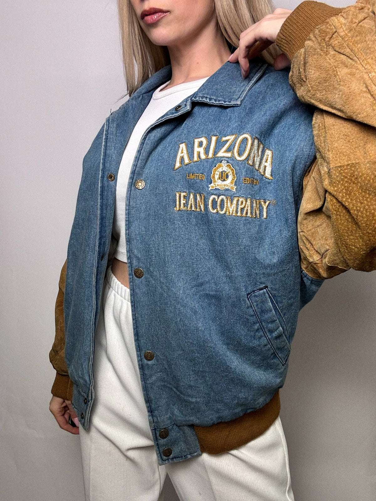 Vintage Arizona blau und beige Zwei-Material-Bomberjacke L