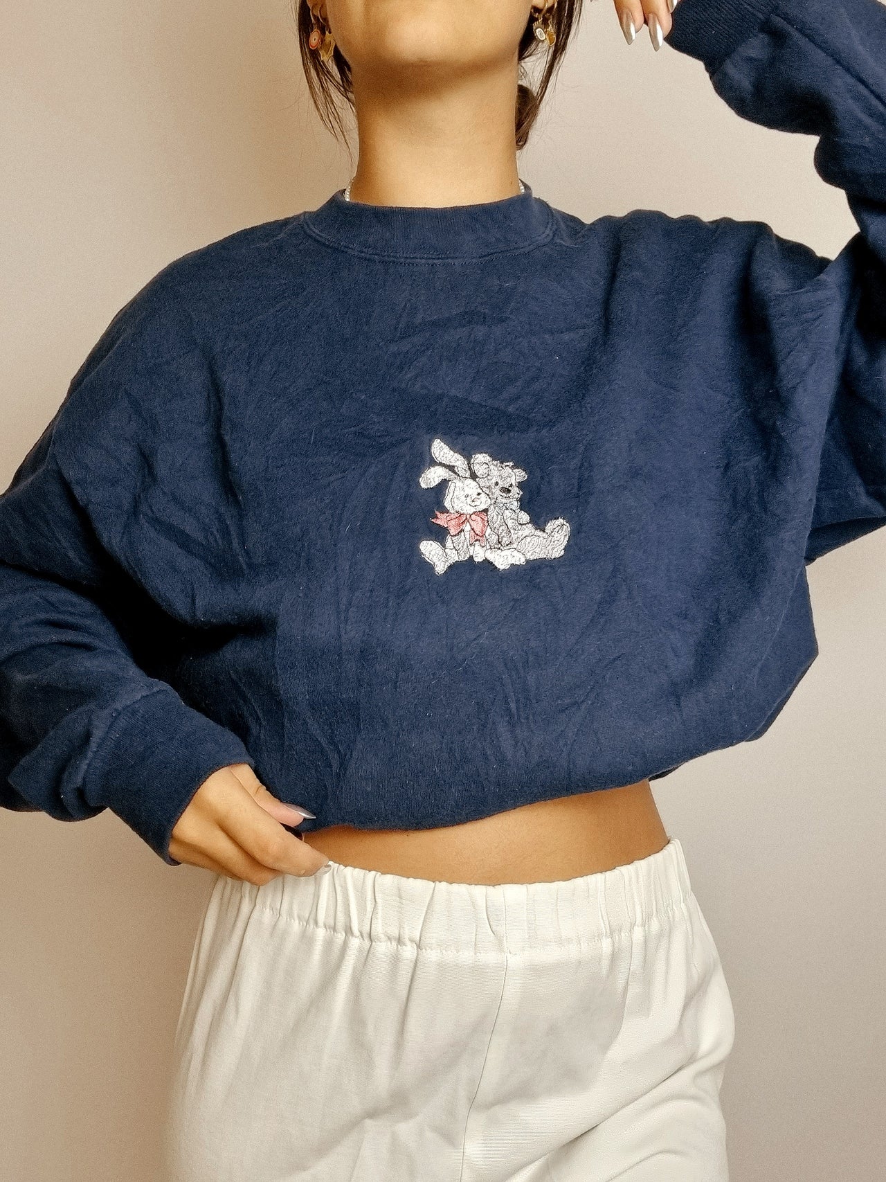 Pull vintage américain bleu foncé brodé L