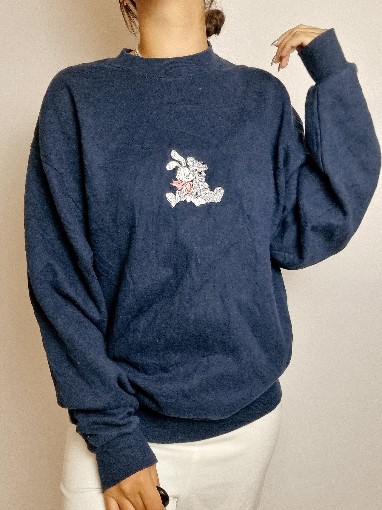 Pull vintage américain bleu foncé brodé L