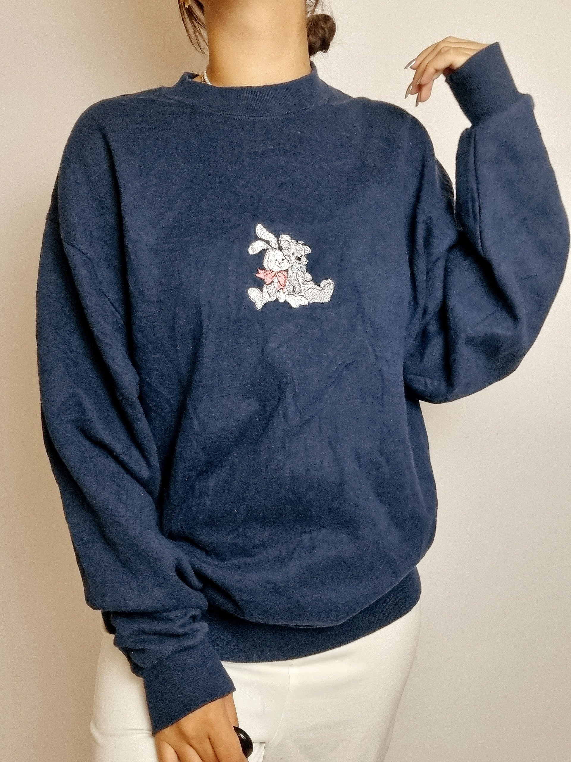 American vintage dark blue embroidered sweater L