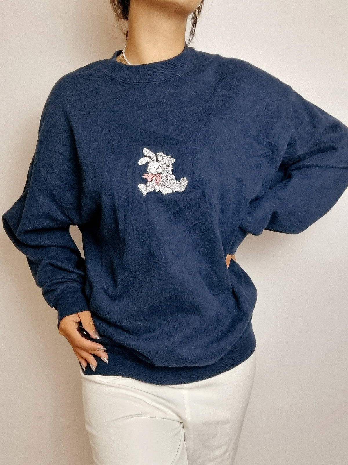 American vintage dark blue embroidered sweater L