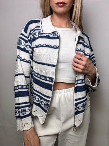 Cardigan à zip avec motif blanc et bleu S vintage