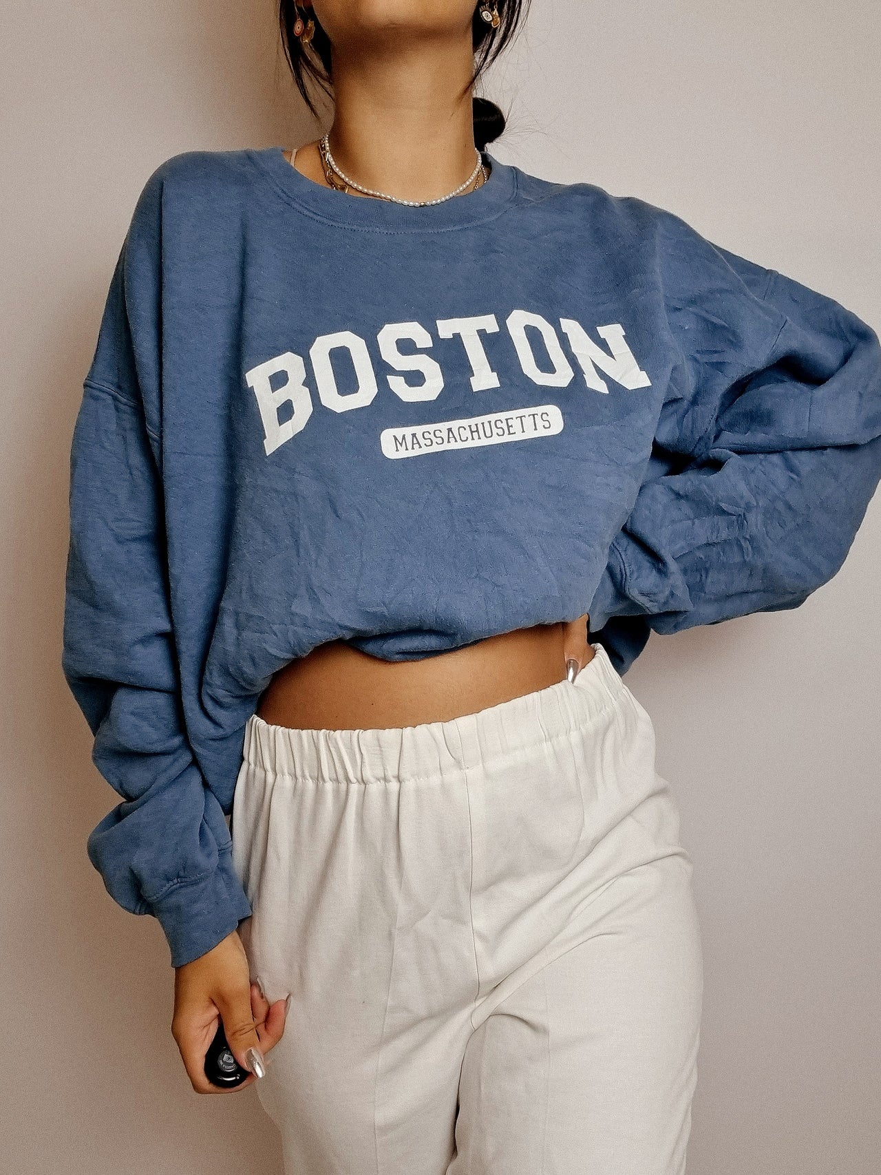 Pull vintage américain bleu Boston XL