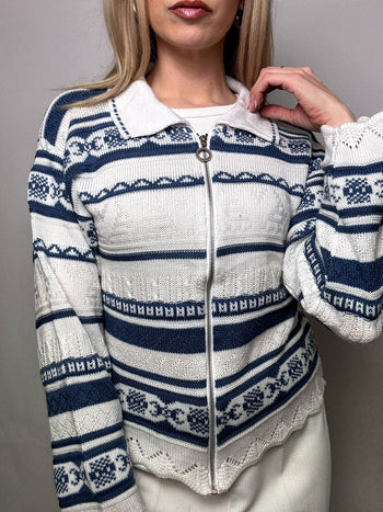 Cardigan à zip avec motif blanc et bleu S vintage