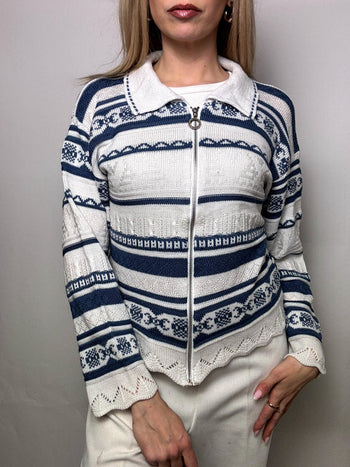 Cardigan à zip avec motif blanc et bleu S vintage