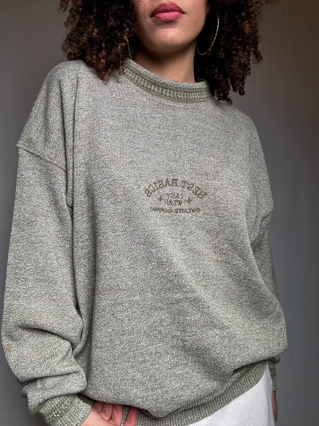 Pull en maille chinée verte brodée XL vintage
