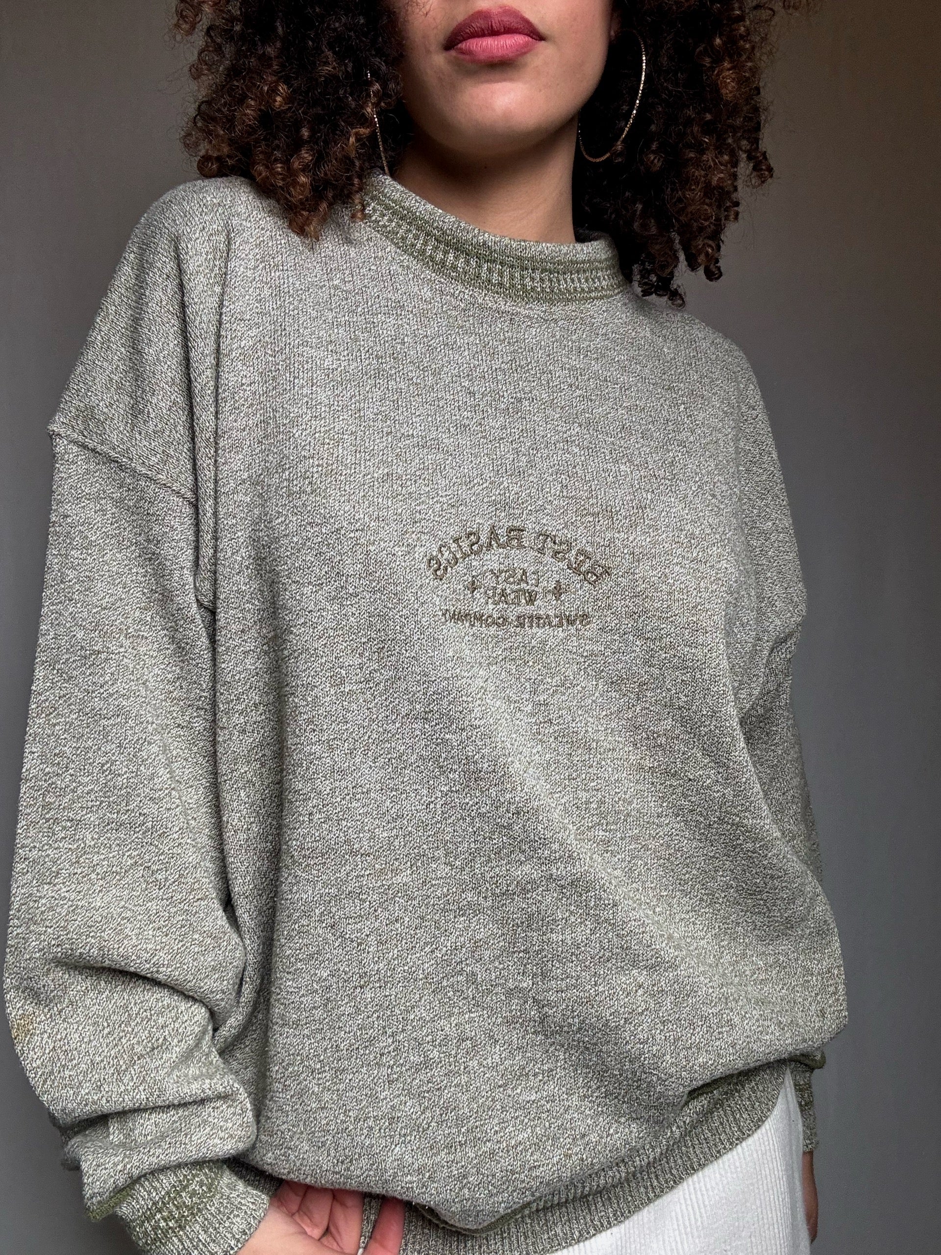 Pull en maille chinée verte brodée XL vintage