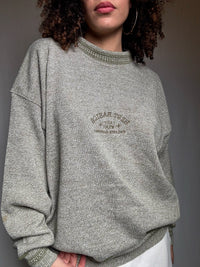 Pull en maille chinée verte brodée XL vintage