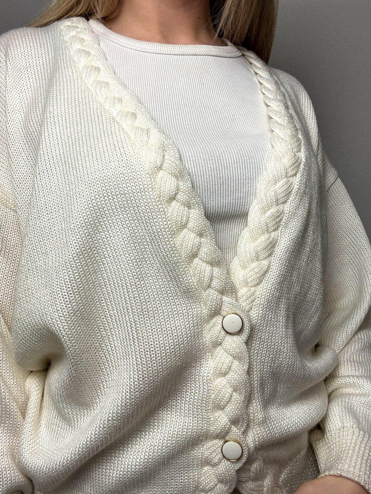 Vintage M White Braided Collar Cardigan