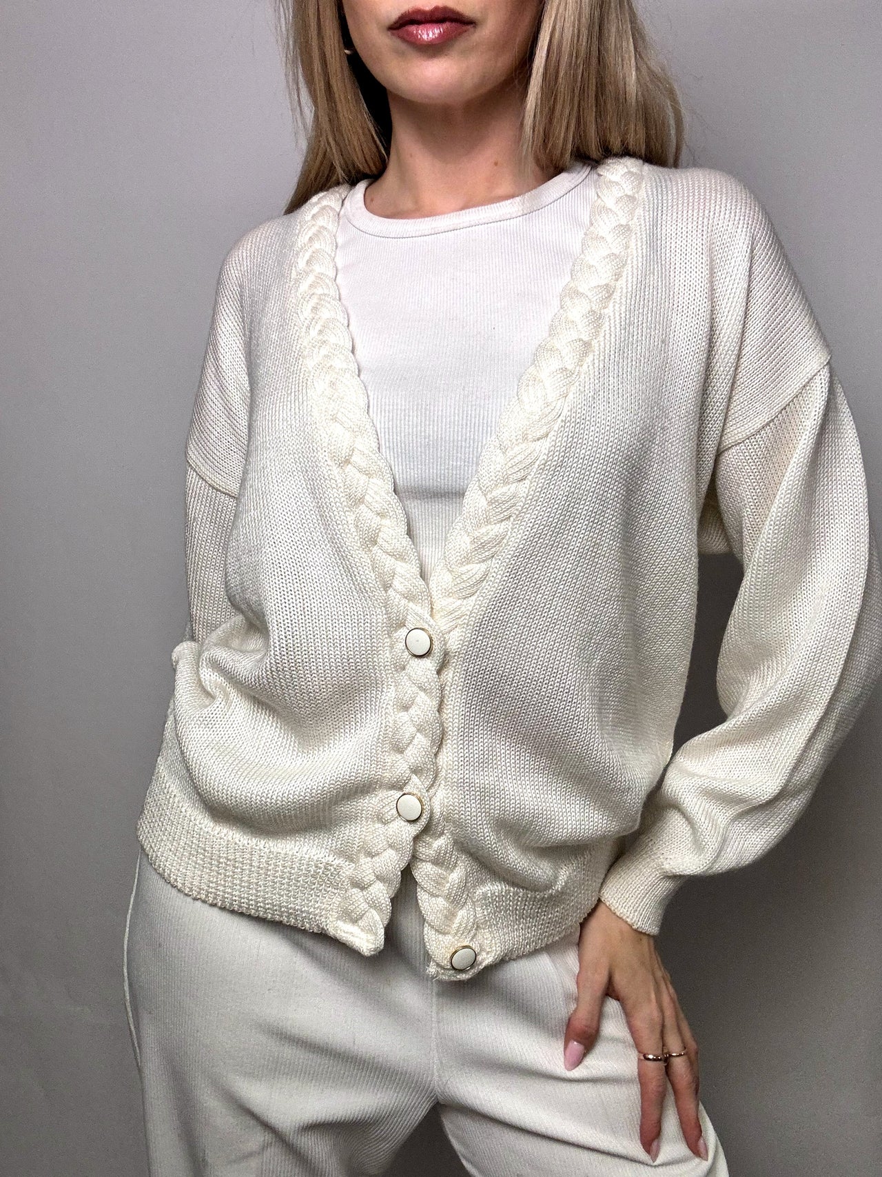 Cardigan à col tressé blanc M vintage