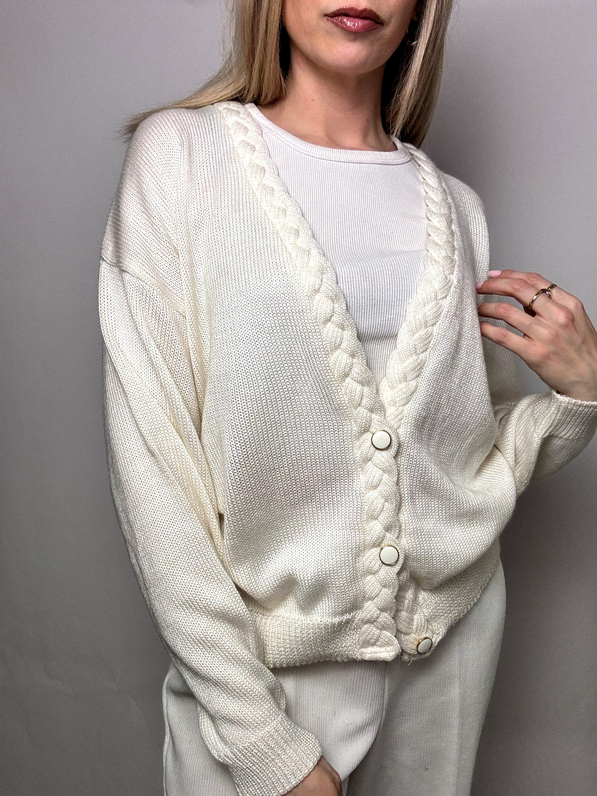 Vintage M White Braided Collar Cardigan
