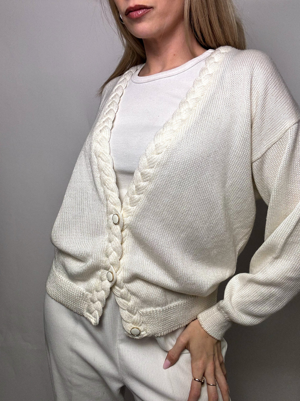 Vintage M White Braided Collar Cardigan