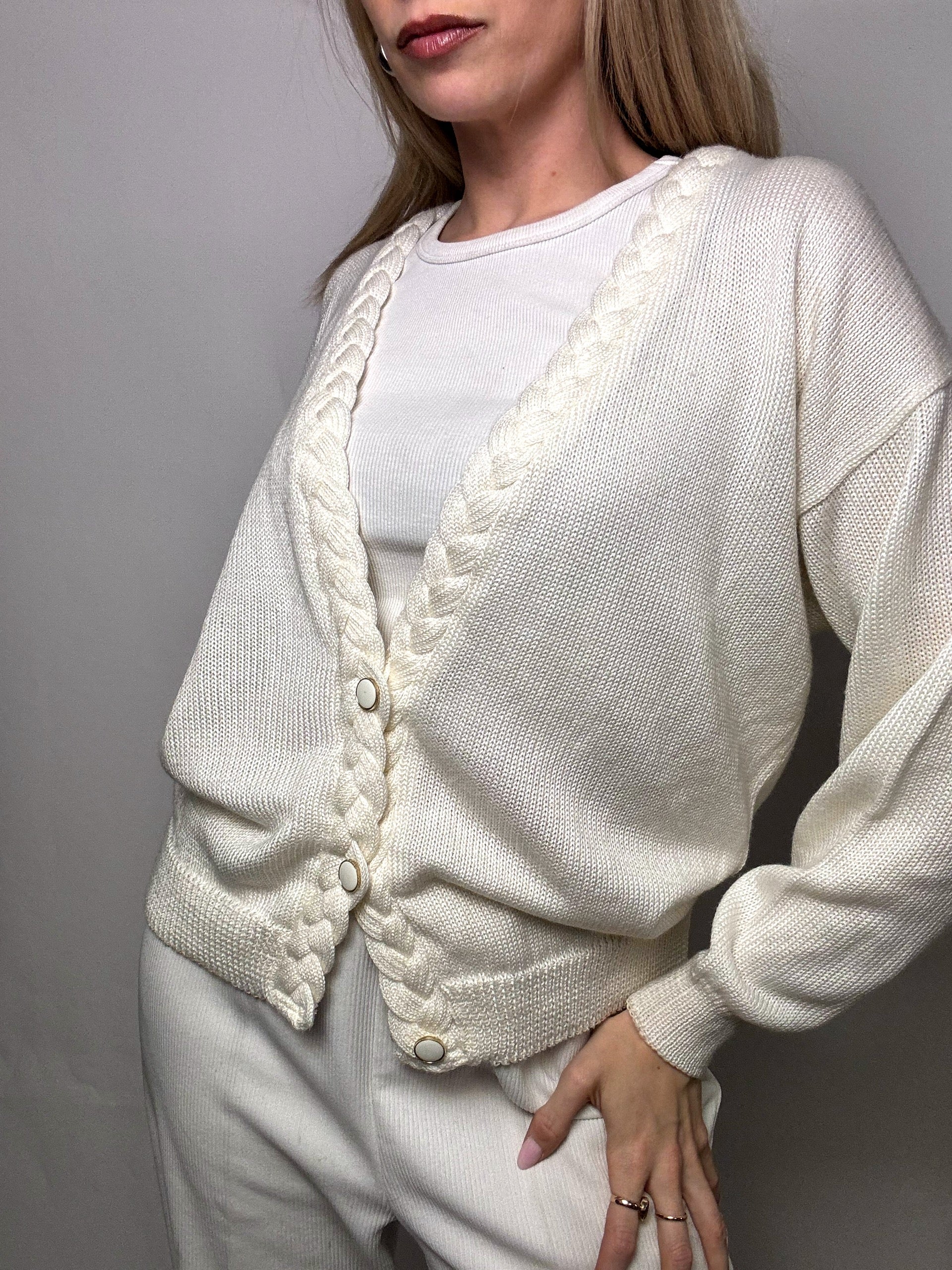 Vintage M White Braided Collar Cardigan