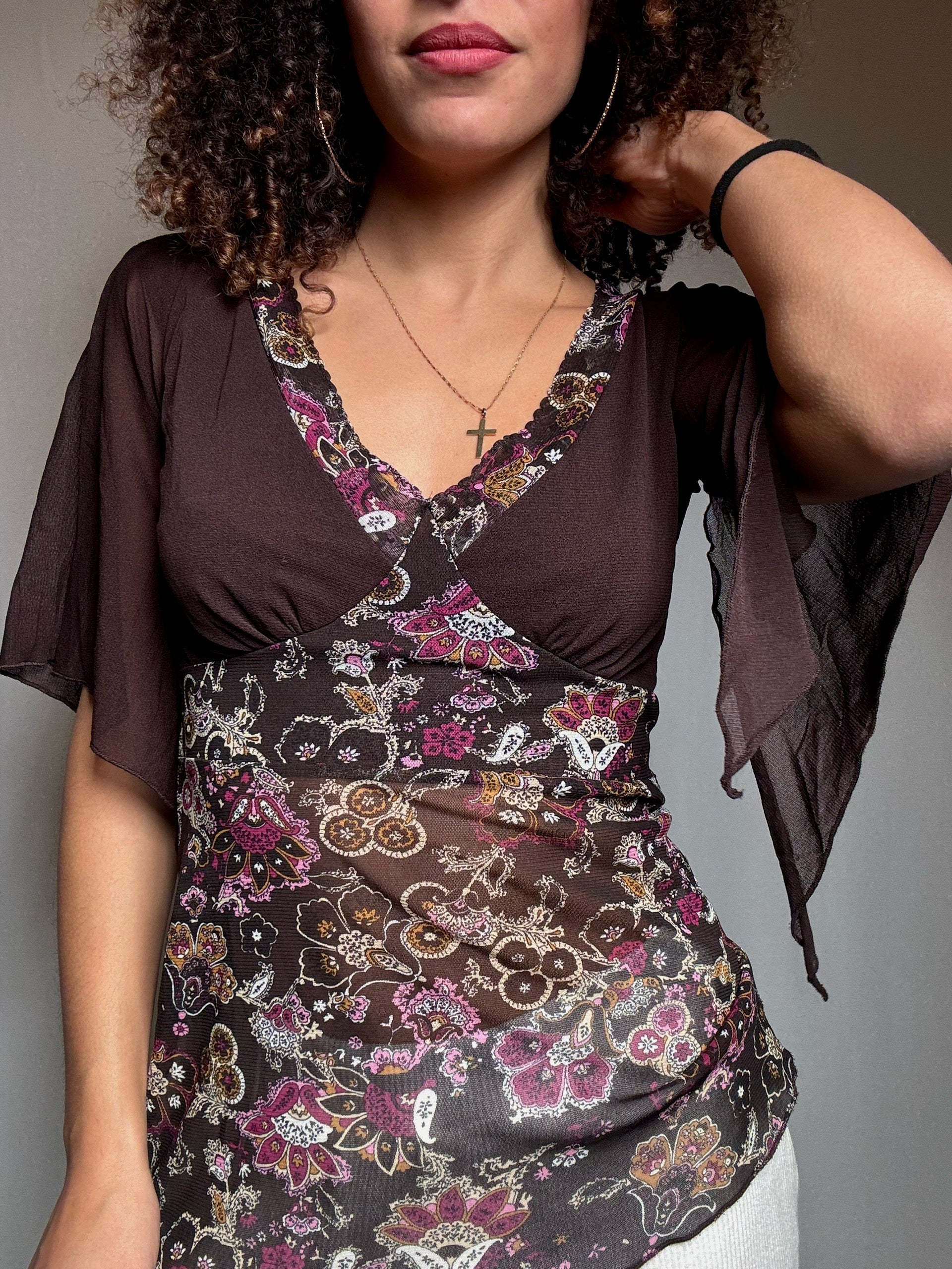Top en mesh brun et imprimé M/L vintage
