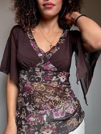 Top en mesh brun et imprimé M/L vintage