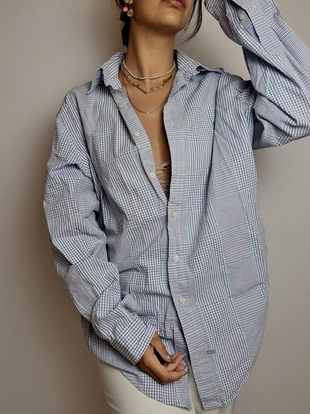 Chemise vintage à carreaux bleus et verts L