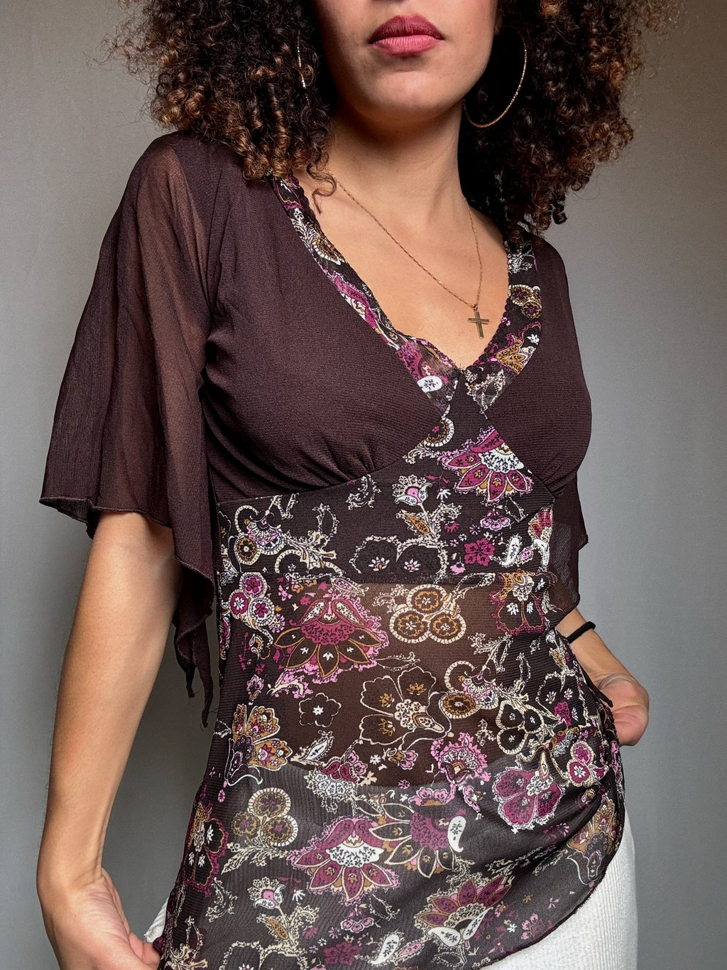 Top en mesh brun et imprimé M/L vintage