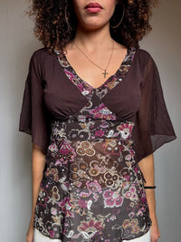 Top en mesh brun et imprimé M/L vintage