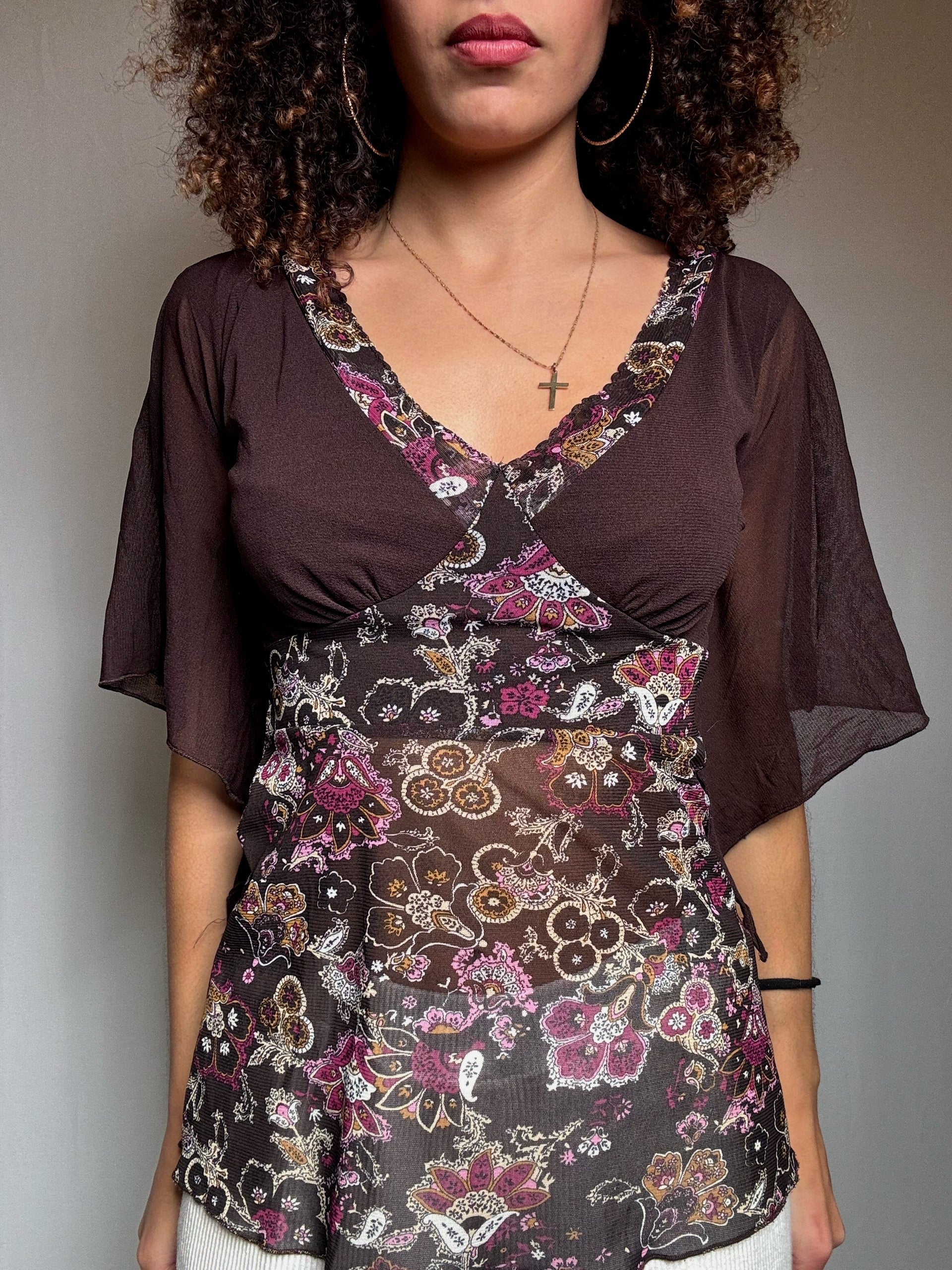 Top en mesh brun et imprimé M/L vintage